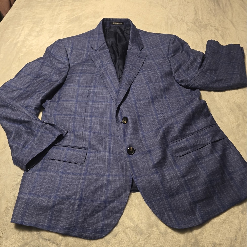 Emporio Armani G-Line Blazer Jacket Blue Plaid Wool Silk Mens 58R Sportcoat - Picture 1 of 14